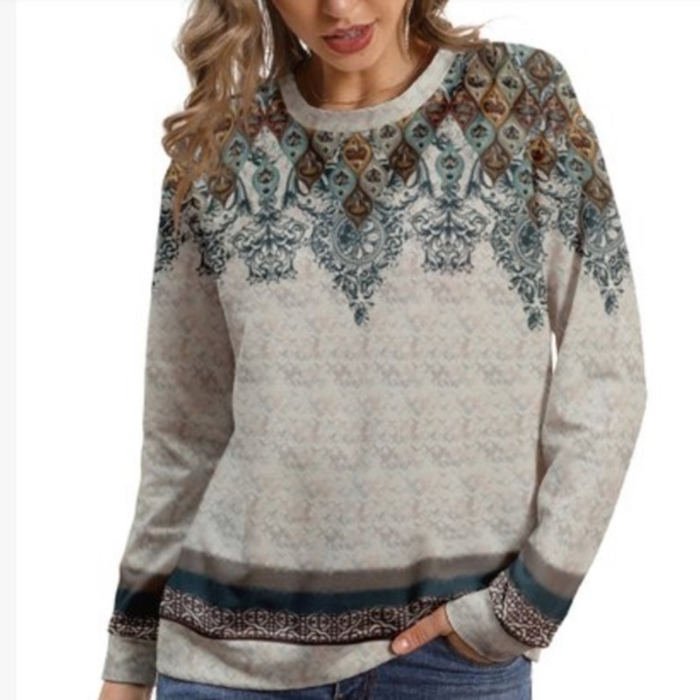 PixieLady Tan & Teal Curlicue Lightweight Crewneck Sweatshirt - Women & Plus 2X